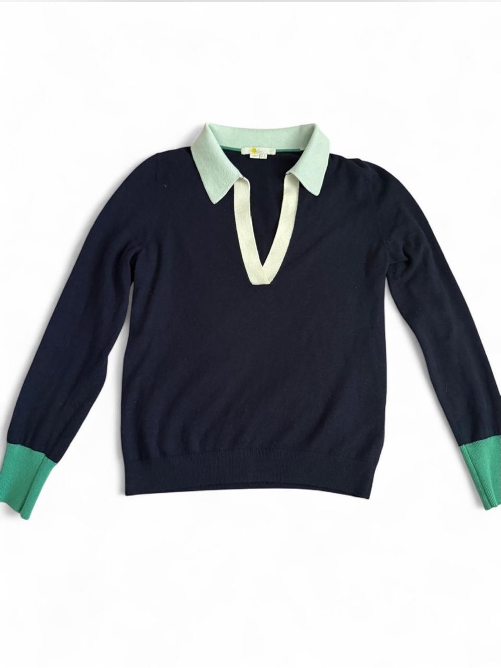 Boden V-Neck Polo Henley Sweater Wool Cotton Blend Size 4 Navy Green Preppy - Picture 2 of 8